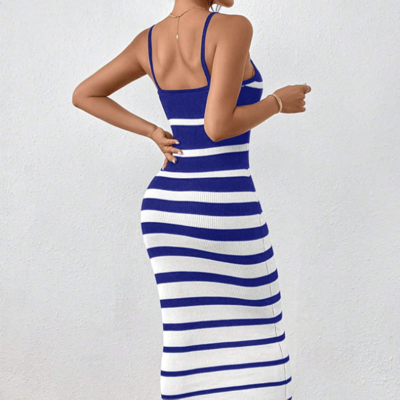 Women's Striped Spaghetti Straps Hip Dress