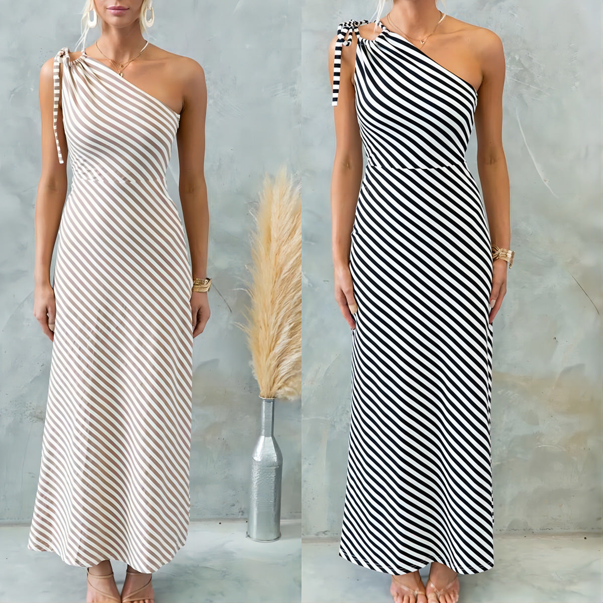 Robe rayée slim à une épaule et lacets pour femme