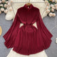 Spring And Autumn Pleated Bell Sleeve Turtleneck Dress