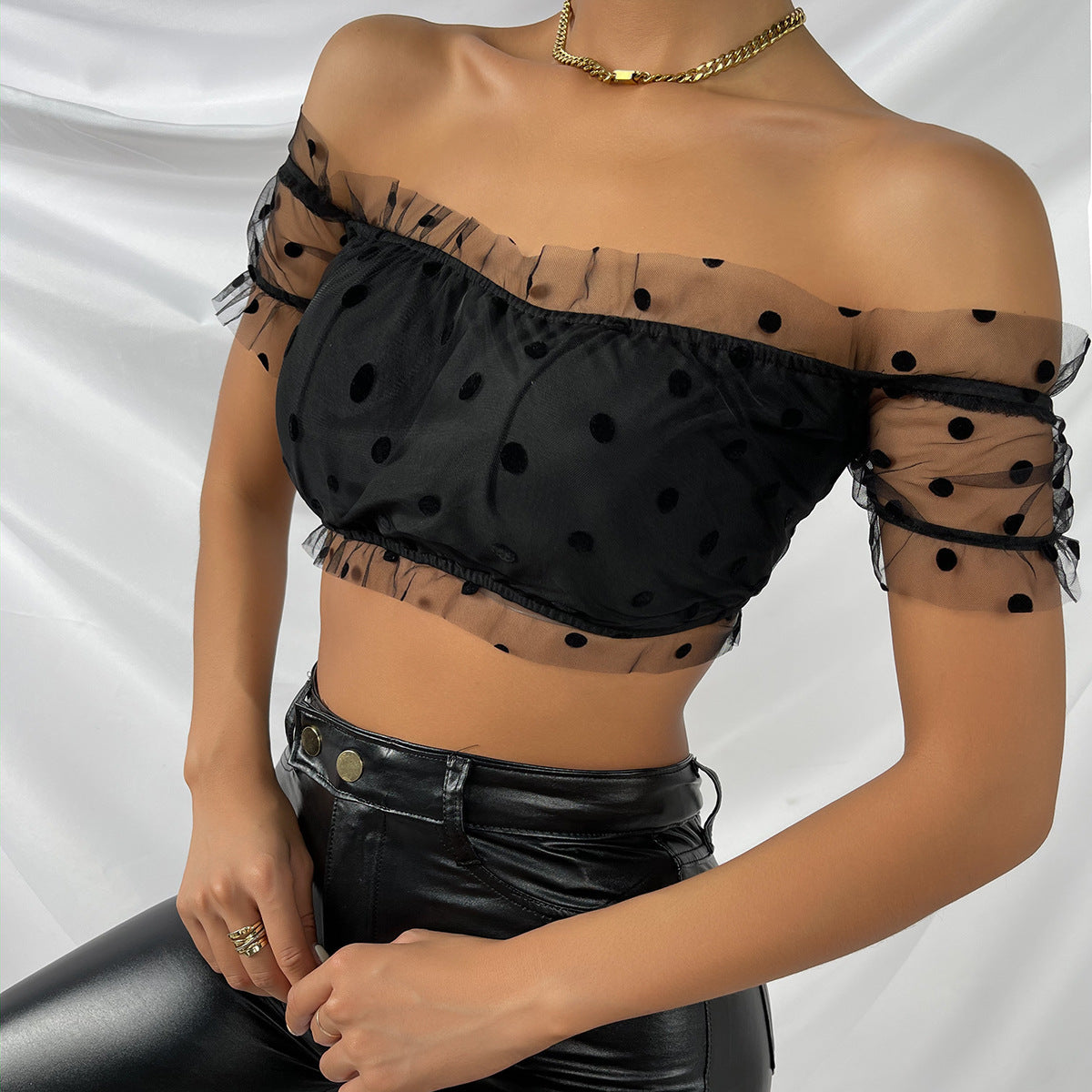 Mesh Polka Dot Slim Fit Cropped Navel