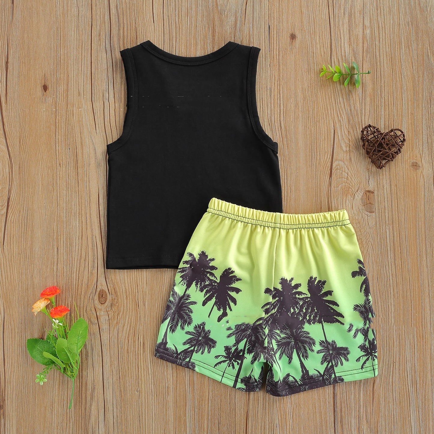 Boys Beach Style Glasses Palm Tree Print Vest Shorts Set