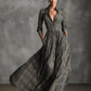 Retro V-neck Gray Plaid Linen Flared Maxi Skirt