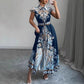 Fitted-waist Notched-collar Long Dress With Cap Sleeves