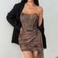 Leopard-print Asymmetrical Ribbon-waist Bustier Bodycon Mini Skirt
