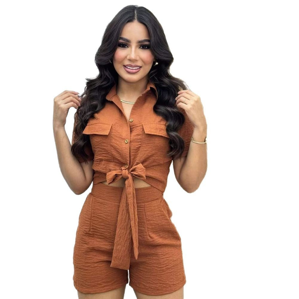Women's Fashion Short-sleeved Lace-up Two-piece Suit
