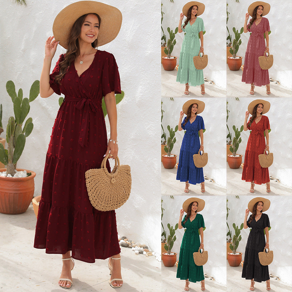 Robe d'été à manches courtes et col en V, design boule de fourrure, taille haute nouée, longue