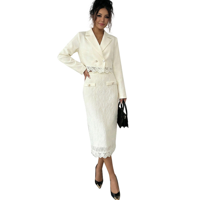 Elegant Lace-trimmed Petite Jacket And Lace Skirt Two-piece Set