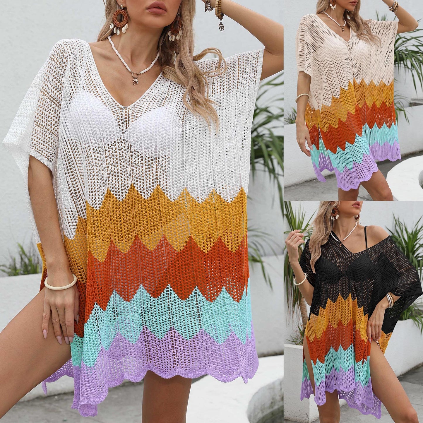 Color Contrast Patchwork Wave Pattern Woven Shirt Cutout Beach Dress