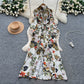 French-style Retro Elegant Single-Breasted Lace-Up Waist Floral Print Dress For Women