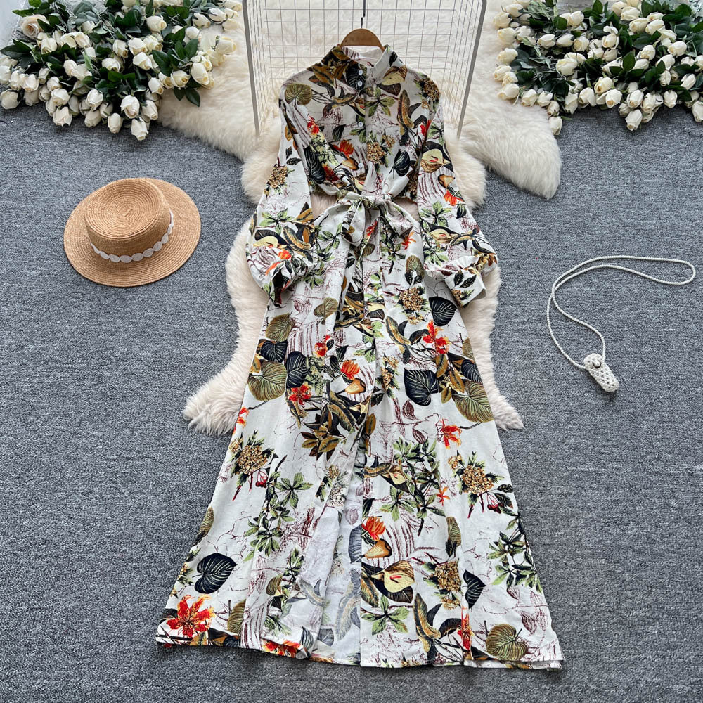 French-style Retro Elegant Single-Breasted Lace-Up Waist Floral Print Dress For Women