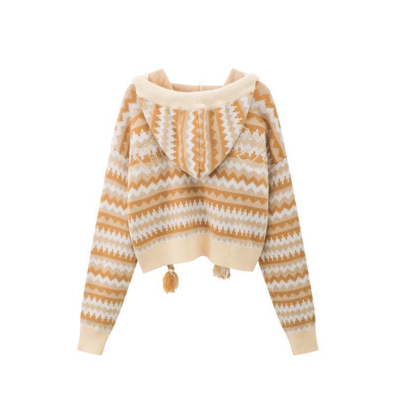Cardigan tricoté à capuche vintage en trois dimensions avec ours marron
