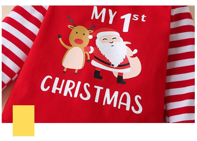 Christmas Print Striped Romper With Hat Three-piece Suit