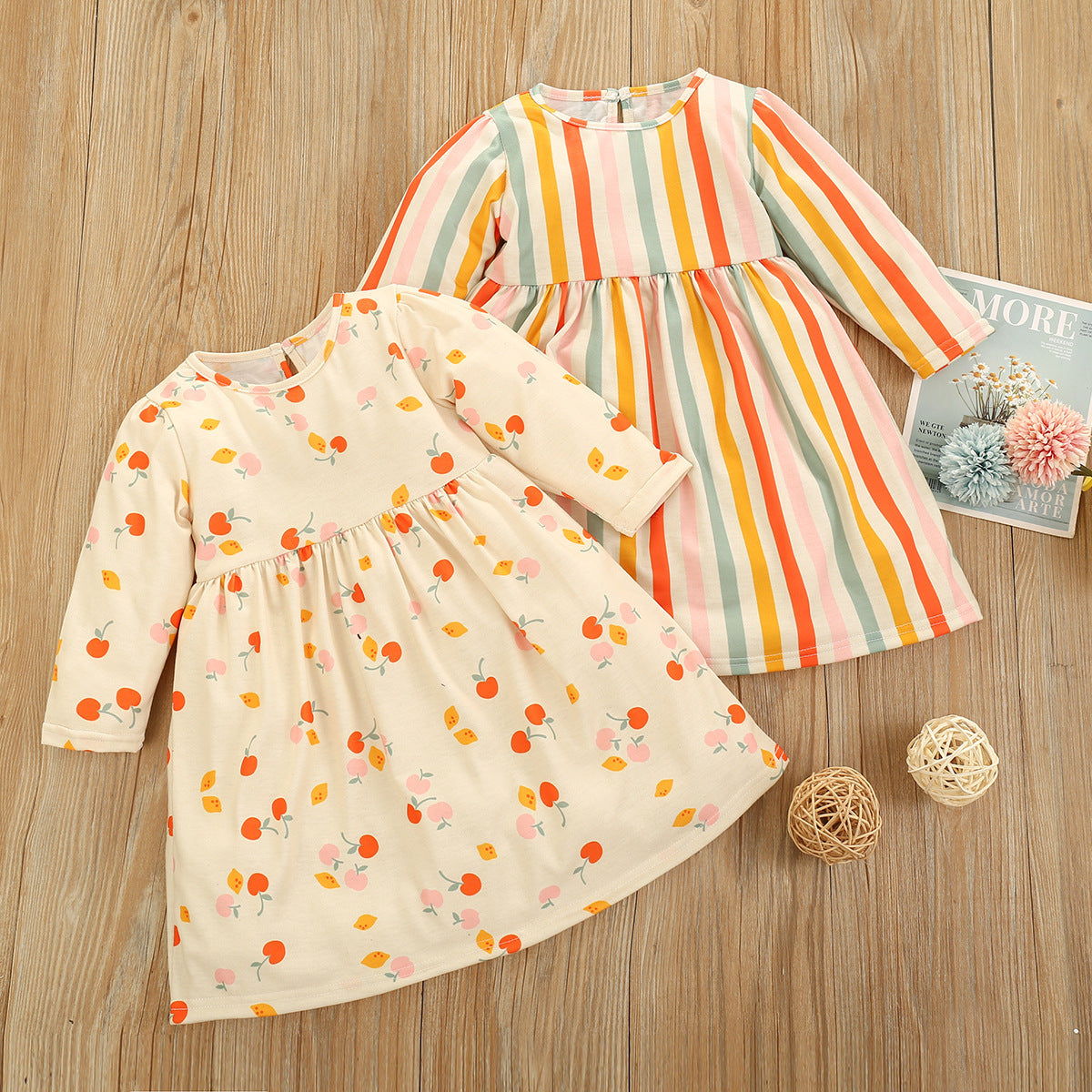 Robe à rayures citron cerise pour fille