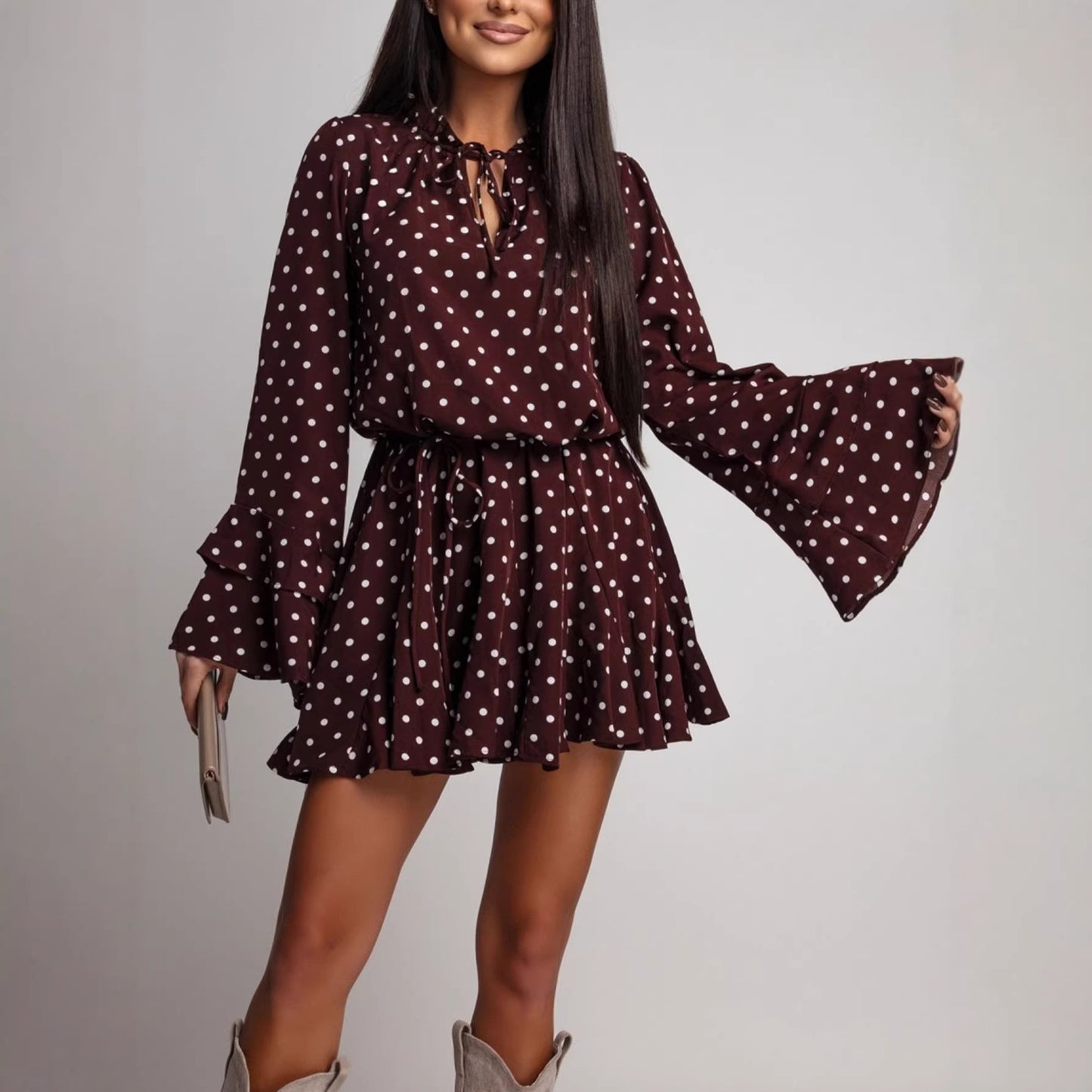 Fashionable And Sweet Polka-Dot V-Neck Long-Sleeve Womens Dress