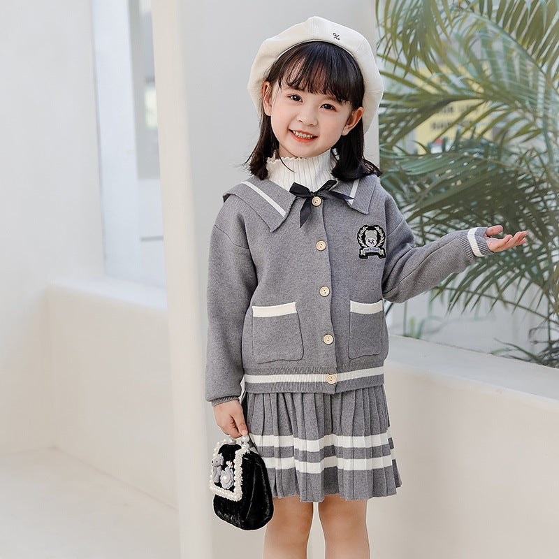 Embroidered Long Sleeve Cardigan Pleated Skirt Two Piece Set