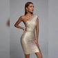 Nouvelle robe bandage, robe une pièce, épaules obliques, dorée, élégante, mode, style européen et américain, offre spéciale