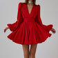 Puff Sleeve V-neck Waist Seal Pleated Dress