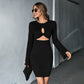 New Hollow Short Skirt Waffle Bell Sleeve Sheath Long Sleeve Dress