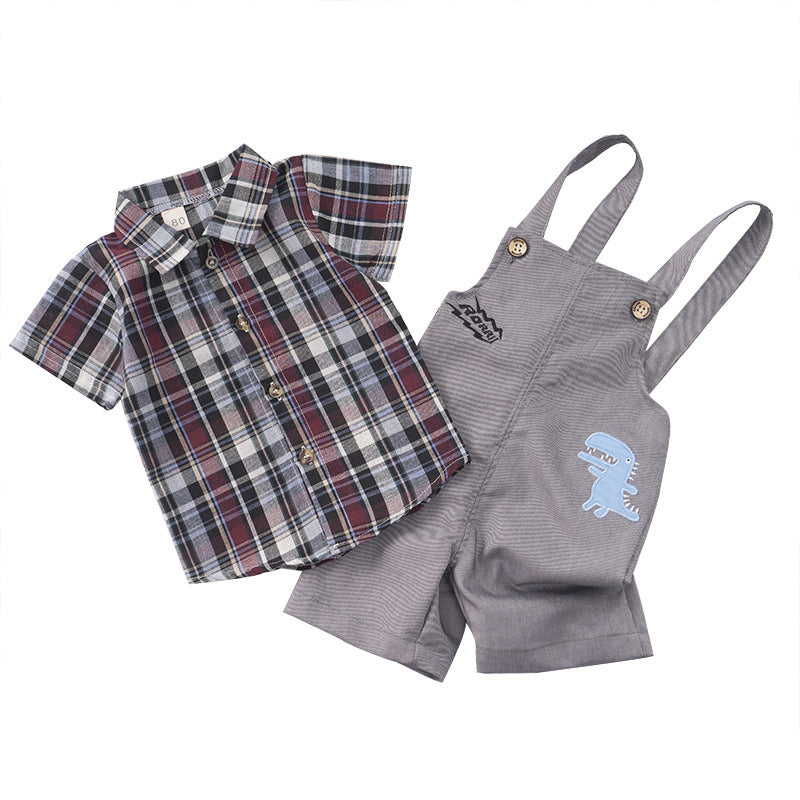 Summer Children's Suit Cotton Plaid Shirt Suspender Pants Two-piece Suit