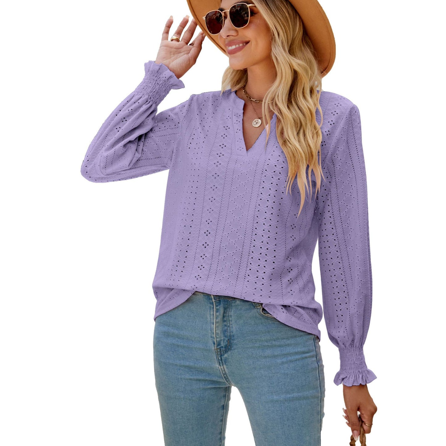 Women's Fashion V-neck Solid Color Hollow Ruffle Sleeve Loose Long Sleeve Top