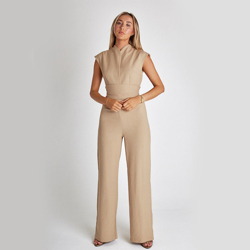 Combinaison longue élégante sans manches, col en V, décontractée, jambes larges, vêtements d'été pour femmes