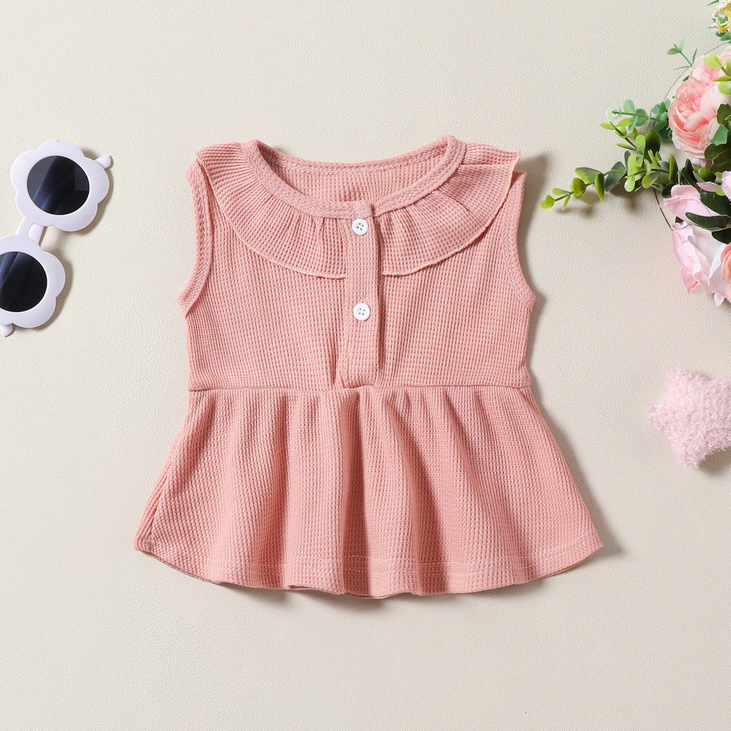 Ensemble trois pièces pour fille, robe sans manches, haut, short, coiffe, motif gaufré