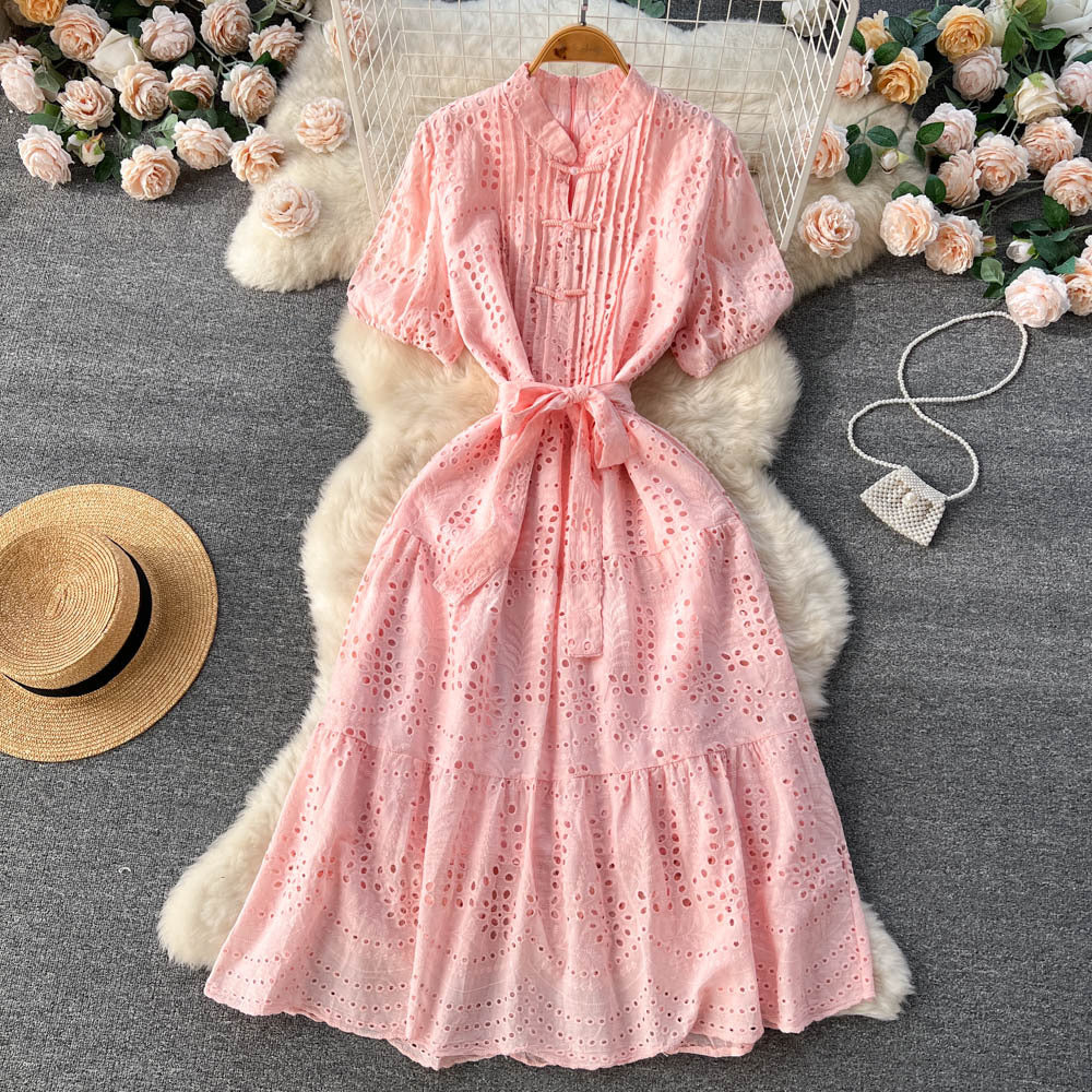 Women's Temperament Fashion Waist-slimming Hollow Bubble Short-sleeved Dress
