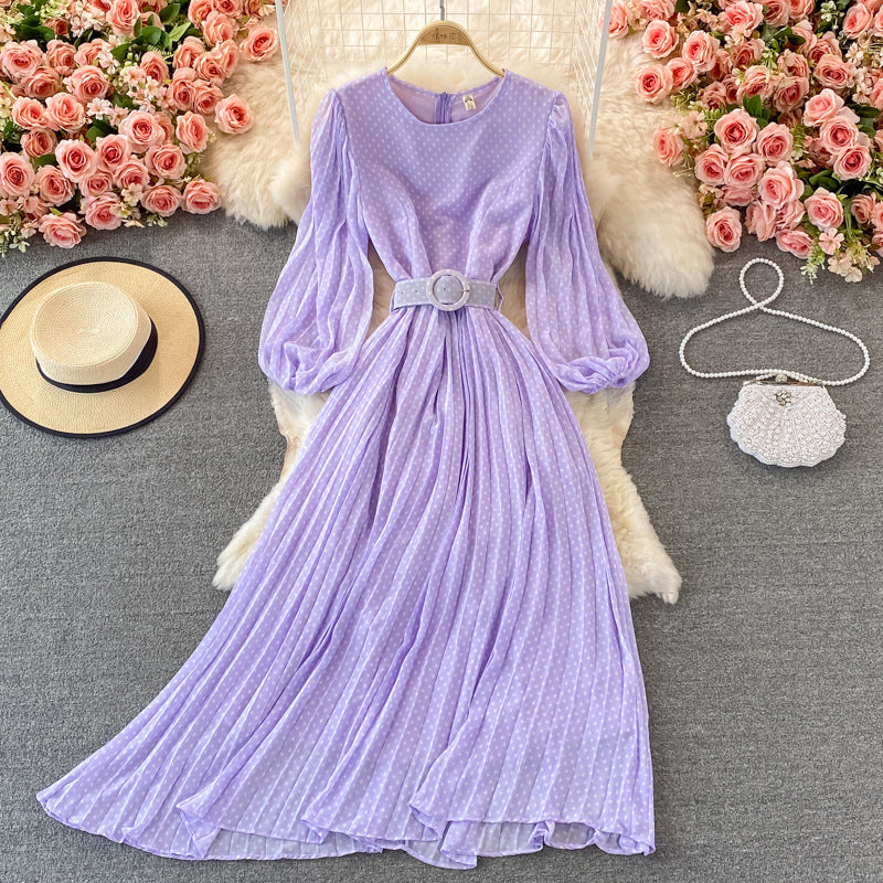 Round Neck Pleated Polka Dot Chiffon Dress