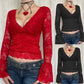 Temperament Red Lace V-neck Mesh Long-sleeved Top For Women