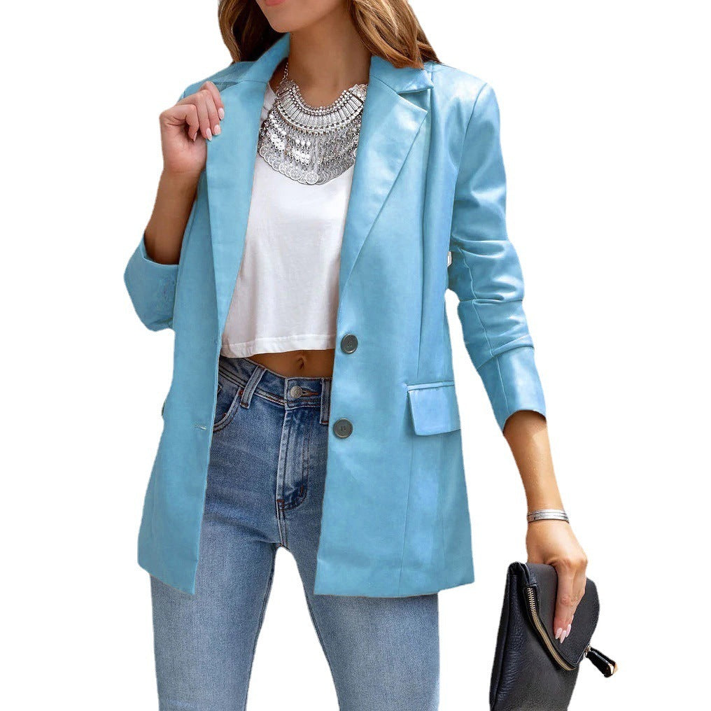 Cardigan boutonné à manches longues en PU pour femme