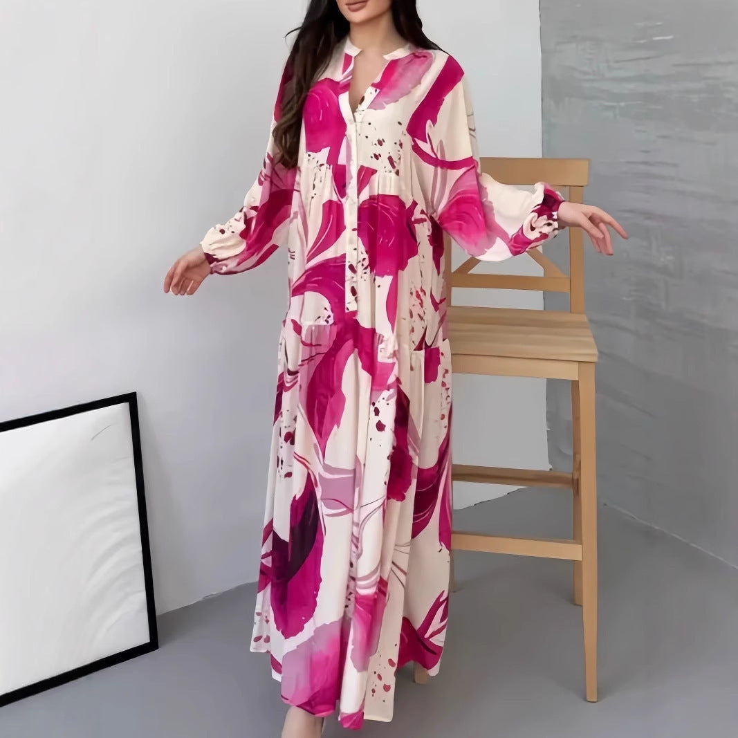 Loose Casual Long Sleeves Temperament V-neck Dress
