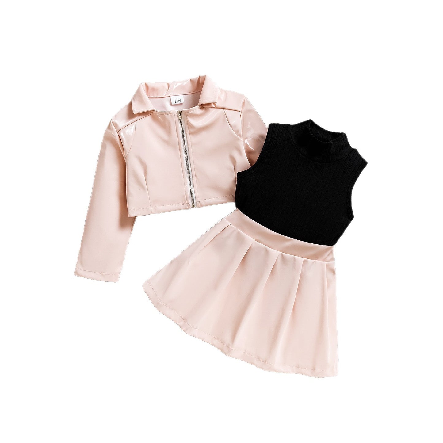 Notched Lapel Leather Jacket With Pleated Skirt Three-piece Set