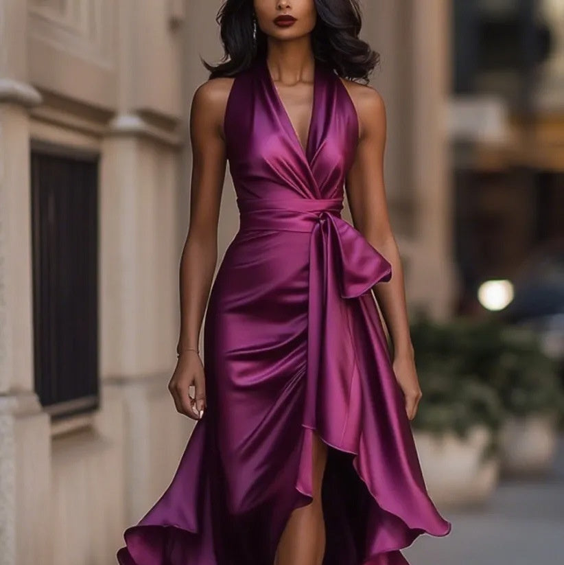 Elegant V-neck Irregular Women's Ruffled Dress