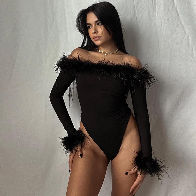 American-style Form-fitting Furry Off-shoulder Long-sleeve Jumpsuit For Outerwear
