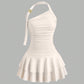 One-Shoulder Halterneck Slimming Waist-Cinching Pleated Skirt Pure And Alluring Versatile Off-Shoulder Dress