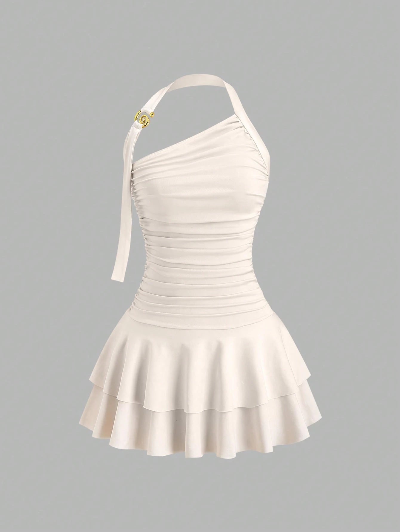 One-Shoulder Halterneck Slimming Waist-Cinching Pleated Skirt Pure And Alluring Versatile Off-Shoulder Dress