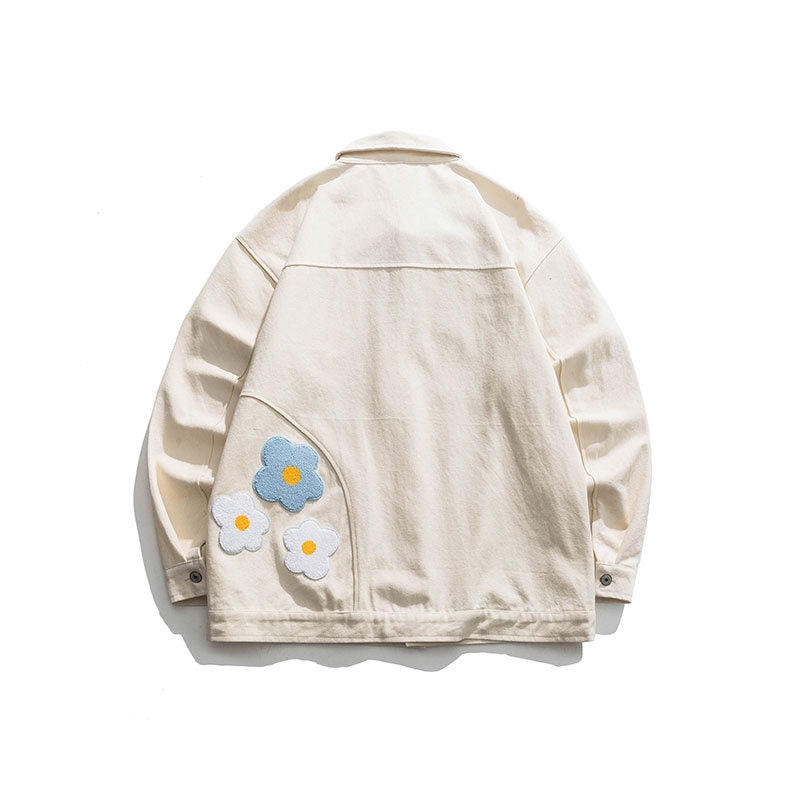 Flower Embroidered Pocket Work Jacket Retro Loose Lapel Jacket Men's