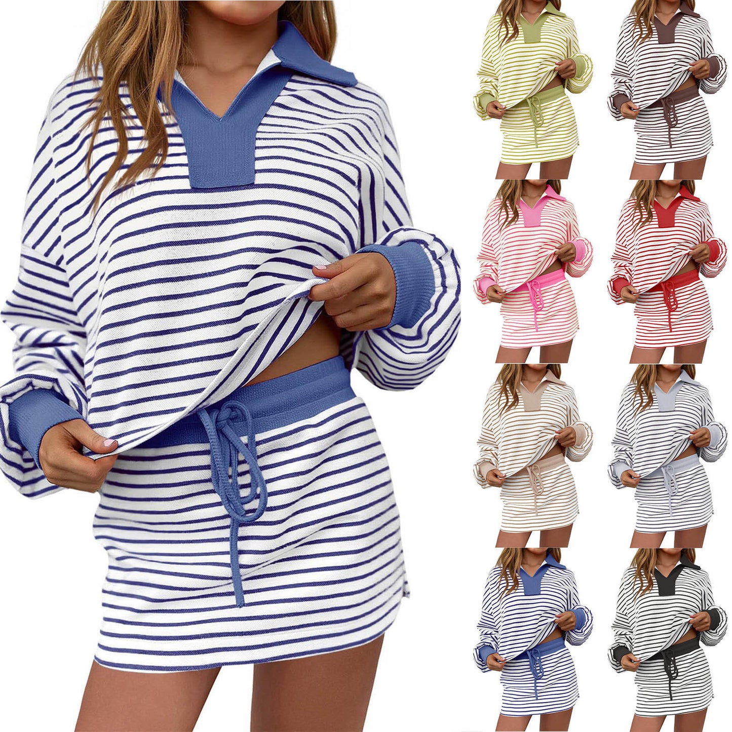 V-neck Short Skirt Set Loose Casual Two-piece