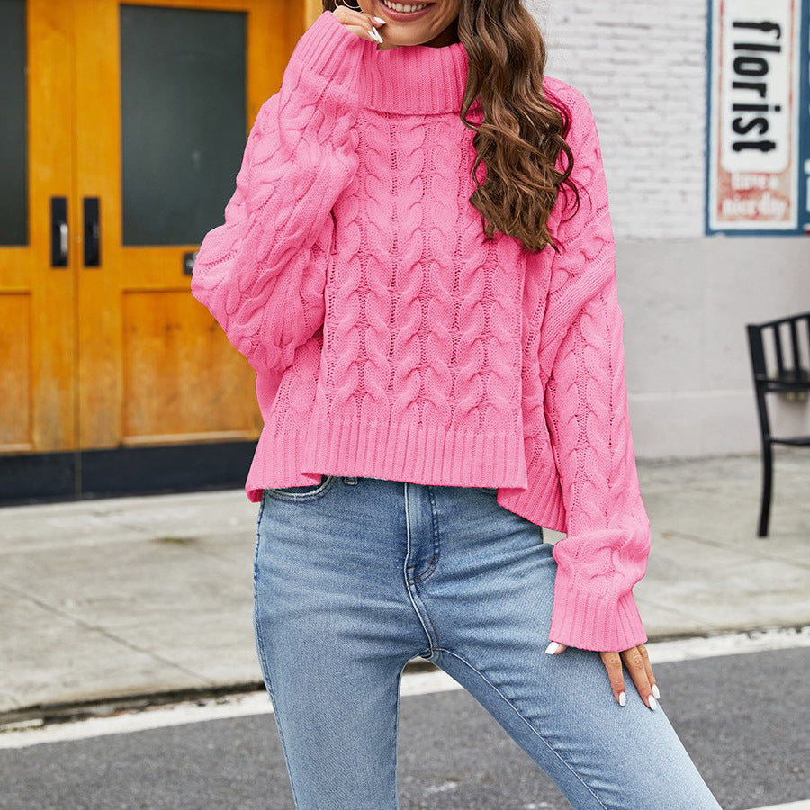 Pull col roulé épais à fleurs de chanvre, couleur unie, décontracté