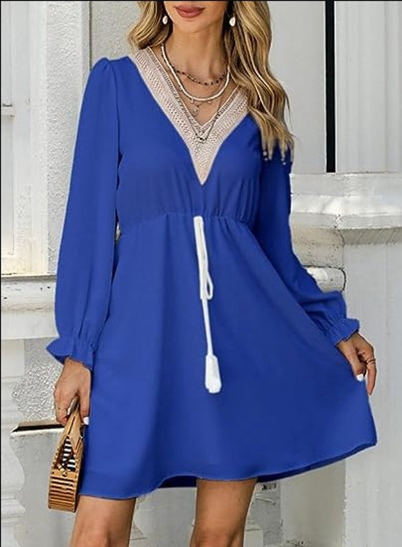 Solid Color Long Sleeve Lace V-neck Tight Waist Dress