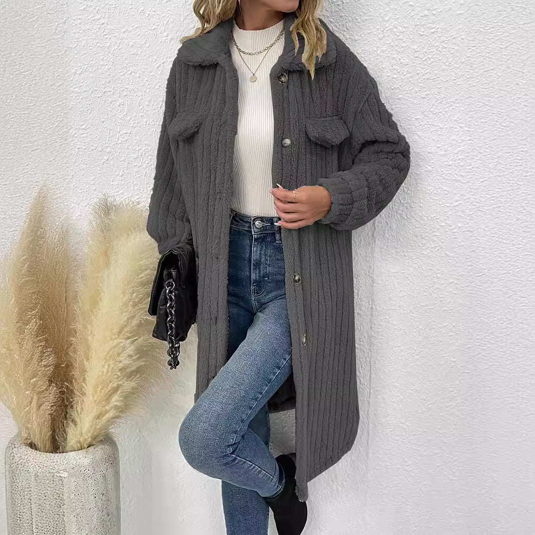 Manteau en laine à manches longues et revers en peluche pour femme