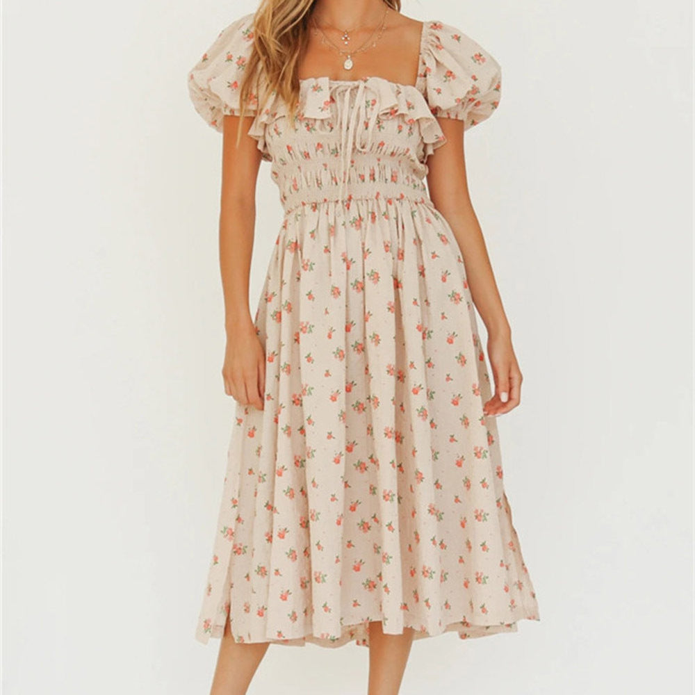 High Waist Slimming Printed Puff Sleeve Long Skirt Women
