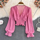 V-neck Cross Slim Fit Polka Dot Chiffon Shirt Western Style Waist-slimming Short
