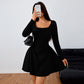 Elegant Square-neck Dress With A High-waisted Designer-style Wine-red Hue