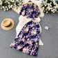 Floral Womens Cross V Neck Strap Crop Top And High Waisted Flared Skirt Two Piece Set