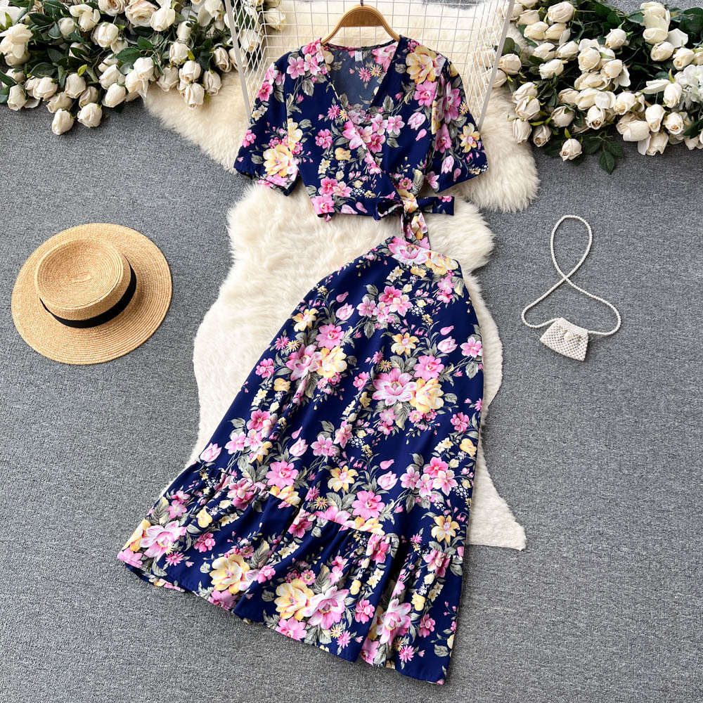 Floral Womens Cross V Neck Strap Crop Top And High Waisted Flared Skirt Two Piece Set