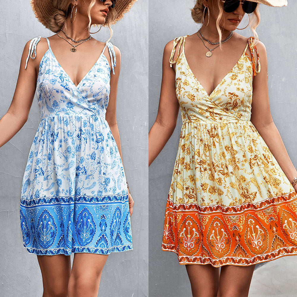 Women's Fashion V-neck Strap Positioning Flower Dress