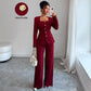 Defined-Waistline Long-Sleeve Top And Wide-Leg Pants Two-Piece Pants Set