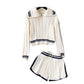 Breasted-collar Striped Sweater And Wide-leg Shorts Set