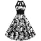 Robe d'Halloween imprimée tête de mort et toile d'araignée pour femme, jupe taille haute à bretelles